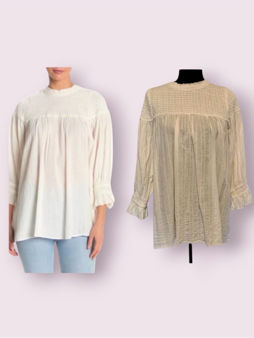 Free People Mika Smocked Yoke Tunic Top Ivory White Cottagecore Flowy Size Small